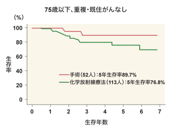 図：手術と化学放射線療法の生存率