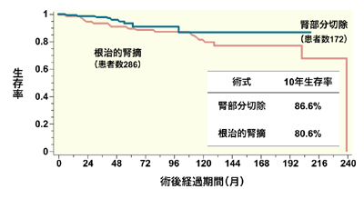 図：4センチ以下の腫瘍に対する東京女子医大・腎部分切除術の成績（全生存率）