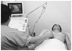 写真：プローブを使っての腹部超音波検査