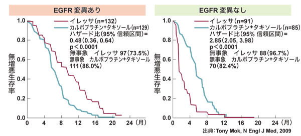 図：IPASS試験結果:遺伝子（EGFR）変異の有無による無増悪生存率