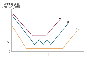 図：寛解後再発症例におけるWT1発現量の推移（A，B,C群に大別）