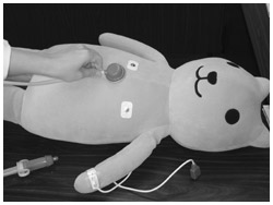 写真：聴診器を当てられる人形「クターちゃん」