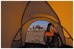 写真：カザフスタンの砂漠でテントを設営