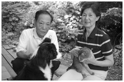 写真:紫陽花がきれいな庭でくつろぐ角さん夫婦とペットたち