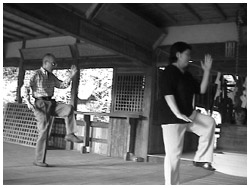 写真:2005年10月、幼いころ遊んだ吉松神社で姉と太極拳を